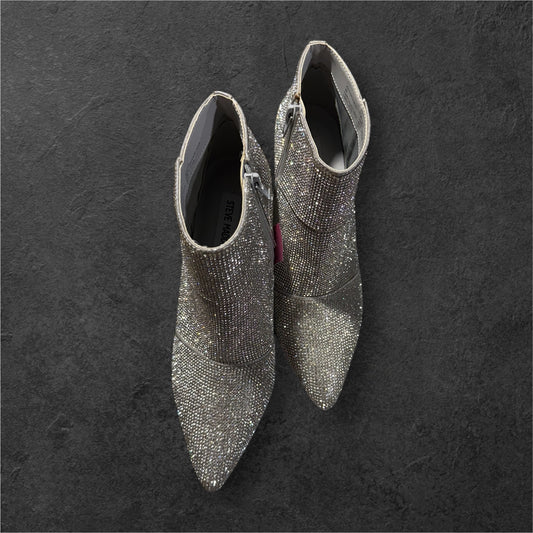 SILVER STEVE MADDEN SEQUIN BOOTIES, 8