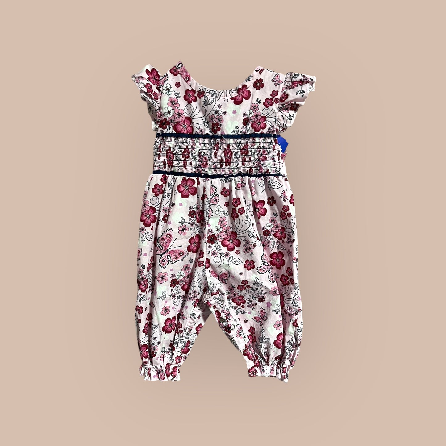 PINK/ FLORAL MARIE NICOLE SMOCKED ROMPER, 3-6M