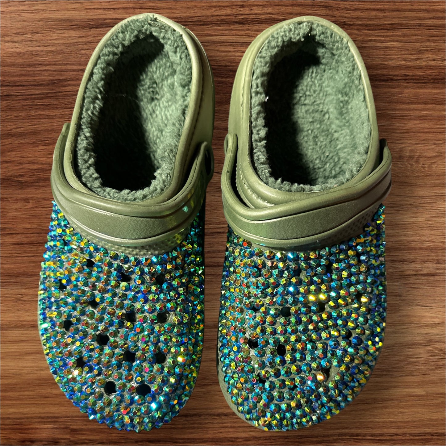 GREEN/ SEQUIN BLING FUR SLIDES, 6