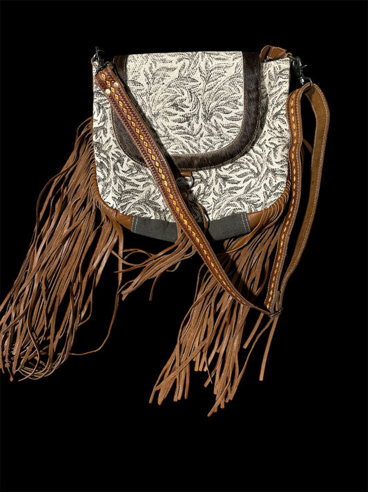 CREAM/ BROWN MYRA MONOCHROMATIC FOLIAGE LEATHER FRINGE