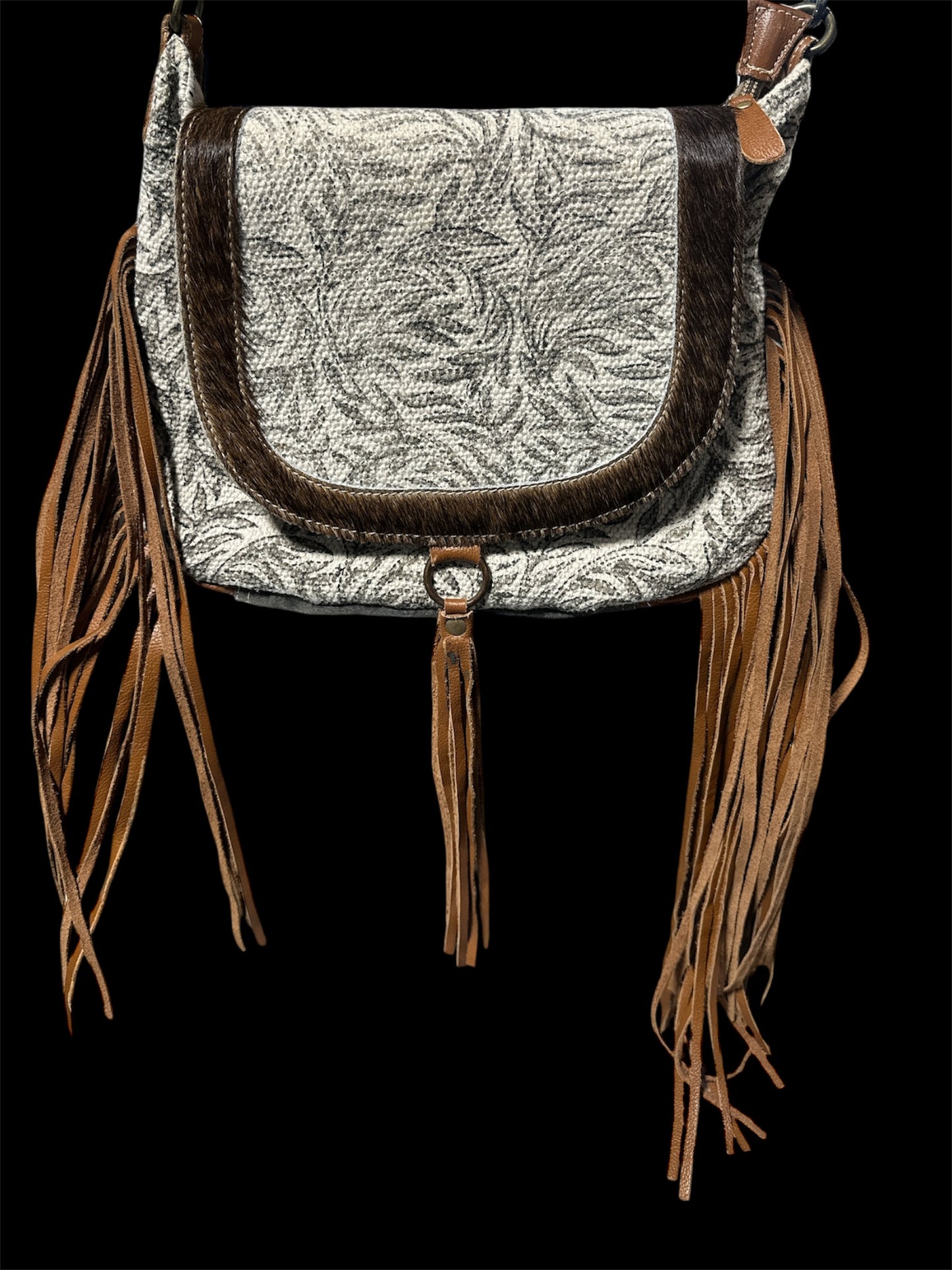 CREAM/ BROWN MYRA MONOCHROMATIC FOLIAGE LEATHER FRINGE