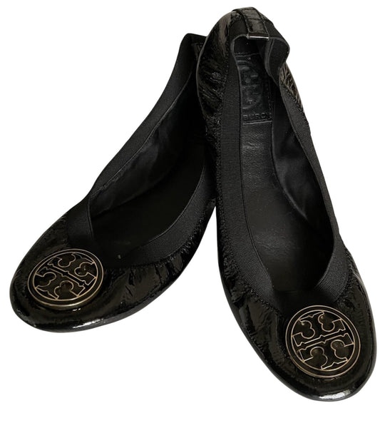 BLACK/ GOLD TORY BURCH PATENT BALLET, 9.5