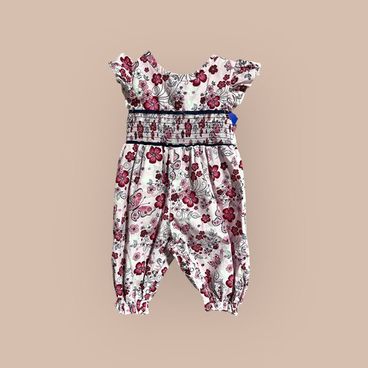 PINK/ FLORAL MARIE NICOLE SMOCKED ROMPER, 3-6M