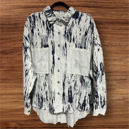 BLUE/ WHITE POL DISTRESSED SHACKET, SMALL