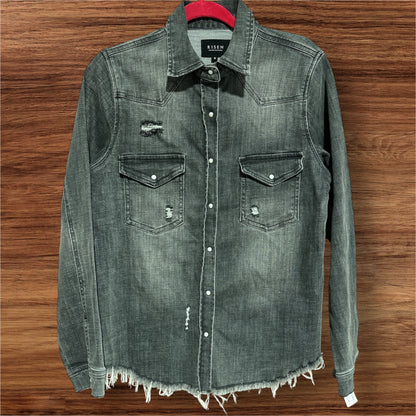 GRAY RISEN DISTRESSED SHACKET, SMALL