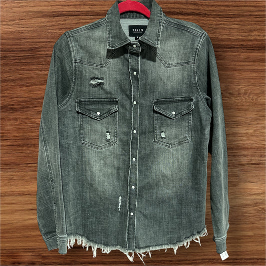 GRAY RISEN DISTRESSED SHACKET, SMALL