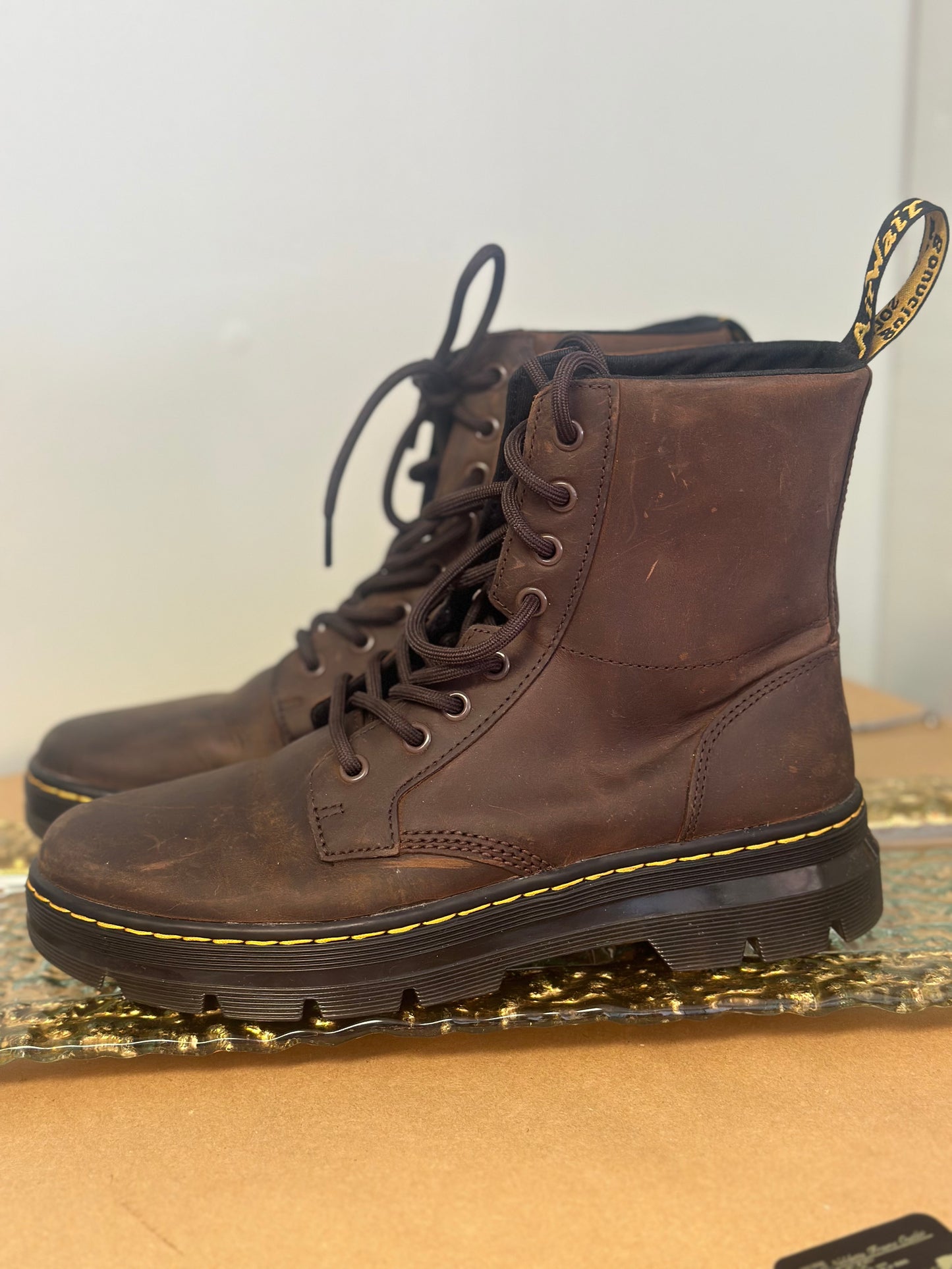 BROWN DR. MARTENS LEATHER BOOTS, 8/9