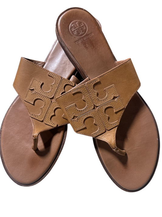 BROWN TORY BURCH WESTON LOGO THONG SANDAL, 10M