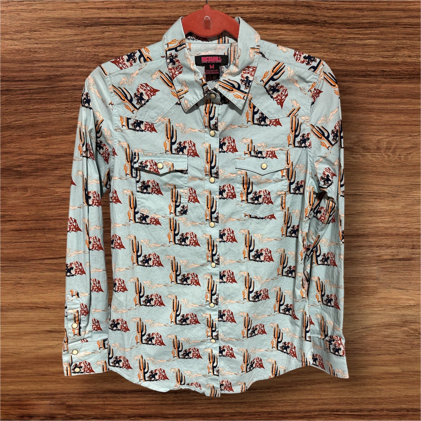 LIGHT BLUE/ MULTI ROCK & ROLL PEARL SNAP, MED